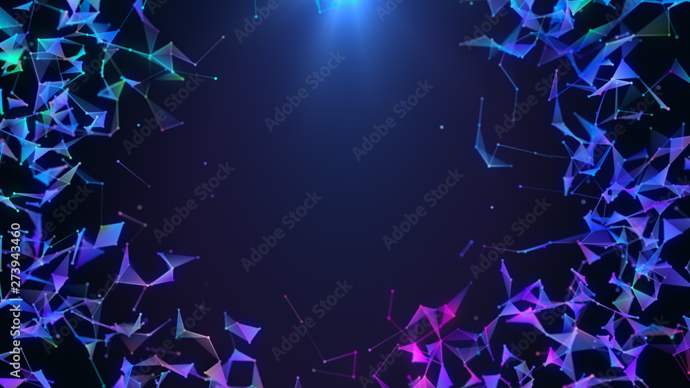 Poster poligonal neon background border. abstract triangular technology network connections. plexus geometr