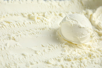 Ball of delicious vanilla ice cream, closeup. Space for text