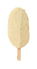 Woman holding delicious ice cream on white background