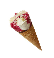 Woman holding waffle cone with delicious ice cream on white background