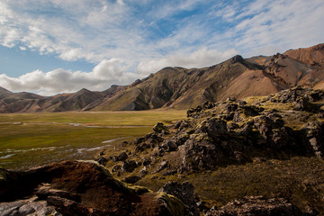 nice view of Landmannalaugar in Iceland with light of a summer evening
