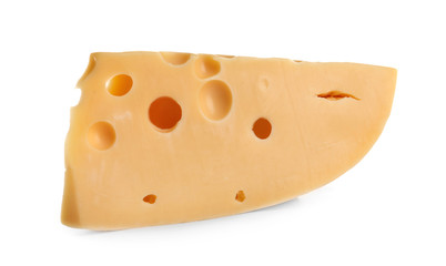 Piece of delicious cheese on white background