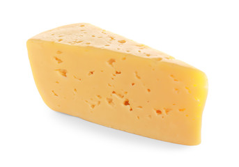 Piece of delicious cheese on white background