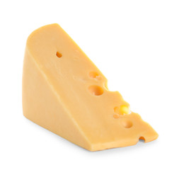 Piece of delicious cheese on white background