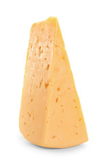 Piece of delicious cheese on white background