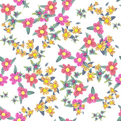 Different fantasy flowers are the seamless pattern in abstract style on a colorful background. Vector floral background. Summer background. Design illustration vector. Vector spring template.