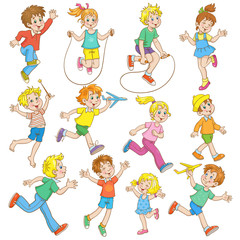 Fototapeta premium Children in motion. Cute funny children in different poses - run, jump, go. In cartoon style. Isolated on white background. Vector illustration.