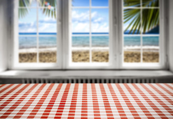 Desk of free space and summer window background 