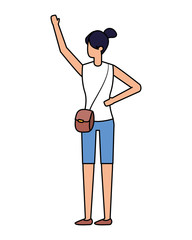 woman with bag waving hand