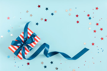 4th of July American Independence Day. Happy Independence Day, card on blue background. Flat lay,...