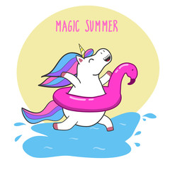 Funny cartoon unicorn and flamingo float