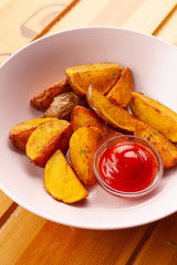 Close up of rustic-style roasted potato wedges, seasoned and fried to golden crust, served on country table