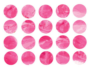 Set of 20 watercolor circles for background. Watercolor texture, drops, drips and splashes. Isolated on white background