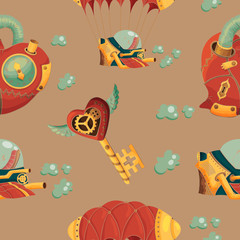 seamless pattern steampunk hearts, aircrafts and keys on coffee background