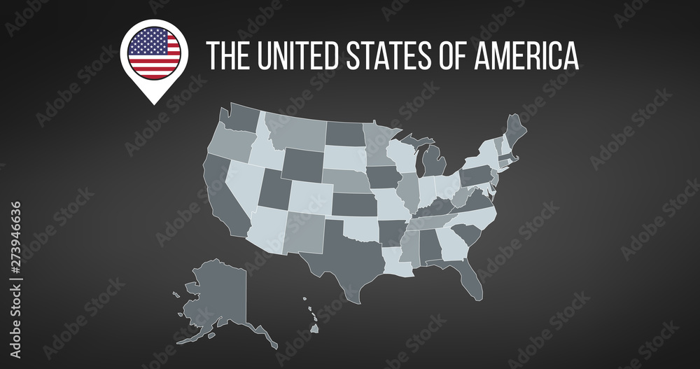 Poster us map with general information and flag in the map pin. infographics design. infographic template. 