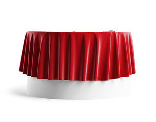 Round podium covered with red silk cloth. Isolated on a white background with clipping path. 