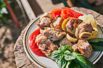Pork kebab with boiled potatoes sliced tomato and Basil leaves on the white plate closeup.  Selective focus. Poor country holiday food concept.