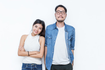 Portrait of happy young couple smiling isolated on white background. Young asian man woman couple have fun, Family love modern lifestyle multicultural diversity people concept