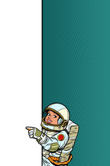 girl daughter child astronaut. Point to copy space poster