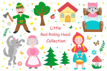 Cute Little Red Riding Hood set objects. Collection design element with pretty girl and her grandmother, wolf, woodman and trees. Kids baby clip art funny smiling character. Vector iillustration