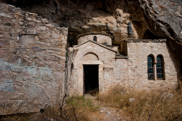 Parnitha Mountain, Athens / Greece, June 2019: The Ntavelis cave and the enclosed monastery