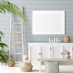 Mock up poster in children room background,  pastel color room with natural wicker and wooden toys, 3d render