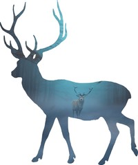 Deer, double exposure on white background