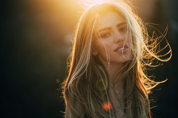 Sexy girl. trendy look. Sensual woman. makeup and hair style. Beauty and fashion. long healthy hair. happy woman with lush hair. summer and spring. sunset. Perfect female