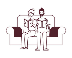 couple sitting on chair with book in hands