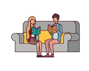 couple sitting on chair with book in hands