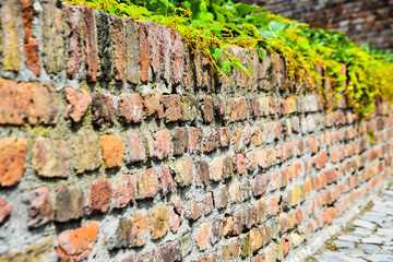 Old brick wall. empty grunge urban street. brick wall of colorful
