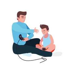 father playing video game with son characters