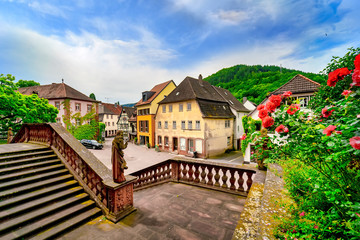 View of the old town Amorbach with the stairs of the abbey Amorbach in the foreground