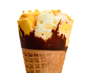 mango and chocolate flavor ice cream cone close up on white with clipping path