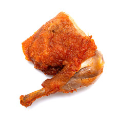 top view fresh fried chicken leg on white backgorund