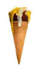 mango and chocolate flavor ice cream cone melting on white with clipping path