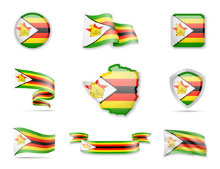 Zimbabwe flags collection. Vector illustration set flags and outline of the country.