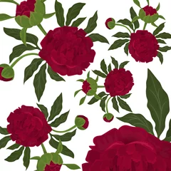 Gordijnen Abstract seamless pattern with isolated red roses or piony, buds and green leaves on white background. Floral vector illustration. © creativeteam