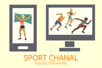 Sport TV channel on computer monitor and phone sqreen. Fitness online channel illustration. Sportswoman with banner cartoon character. Running competition. Social media feedback, Likes. Vector.