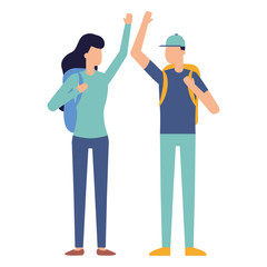 man and woman with backpack hands up