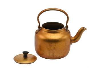 Golden metal kettle on a white background.Teapot.