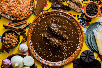 Mole Mexicano, Poblano mole ingredients, mexican spicy food traditional in Mexico - obrazy, fototapety, plakaty