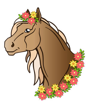 Beautiful bay horse with a long mane. Horse head in a wreath of flowers and leaves. Horse color vector picture.