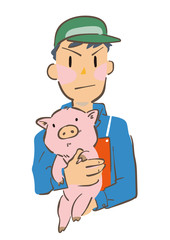 養豚所で働く若い労働者　イラスト