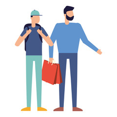 man with shopping bag and guy and backpack