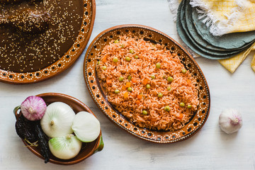 mexican rice and mole poblano, traditional food in Mexico