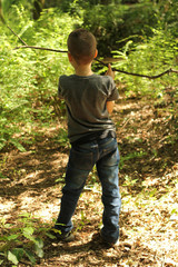 boy, schoolboy plays with a stick in the park, rear view