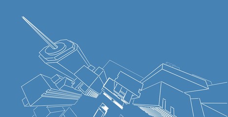 3D illustration architecture building perspective lines.