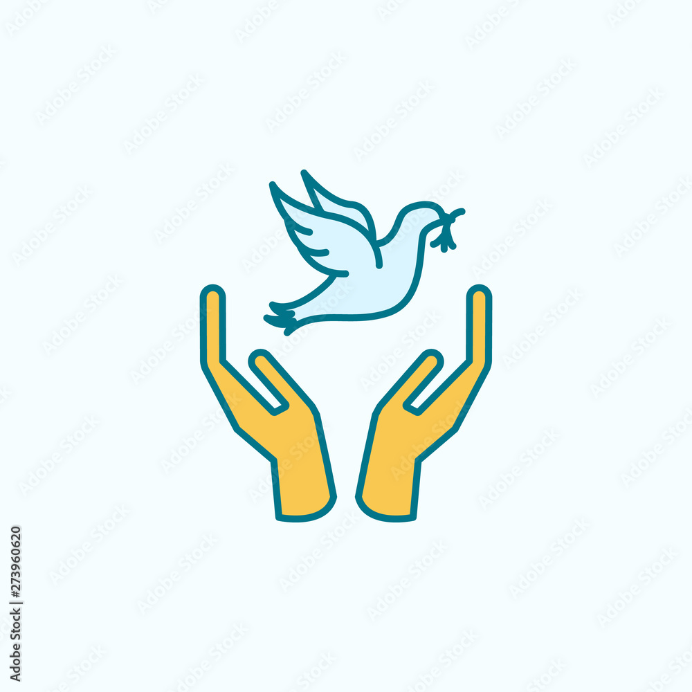 Poster hand and dove with branch field outline with color element icon