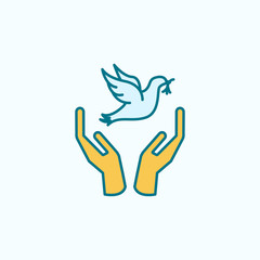 hand and dove with branch field outline with color element icon